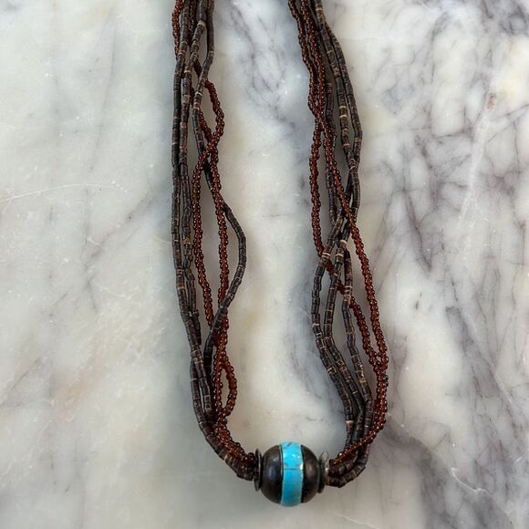 Multi strand, brown wooden and beaded necklace with turquoise - Picture 6 of 11